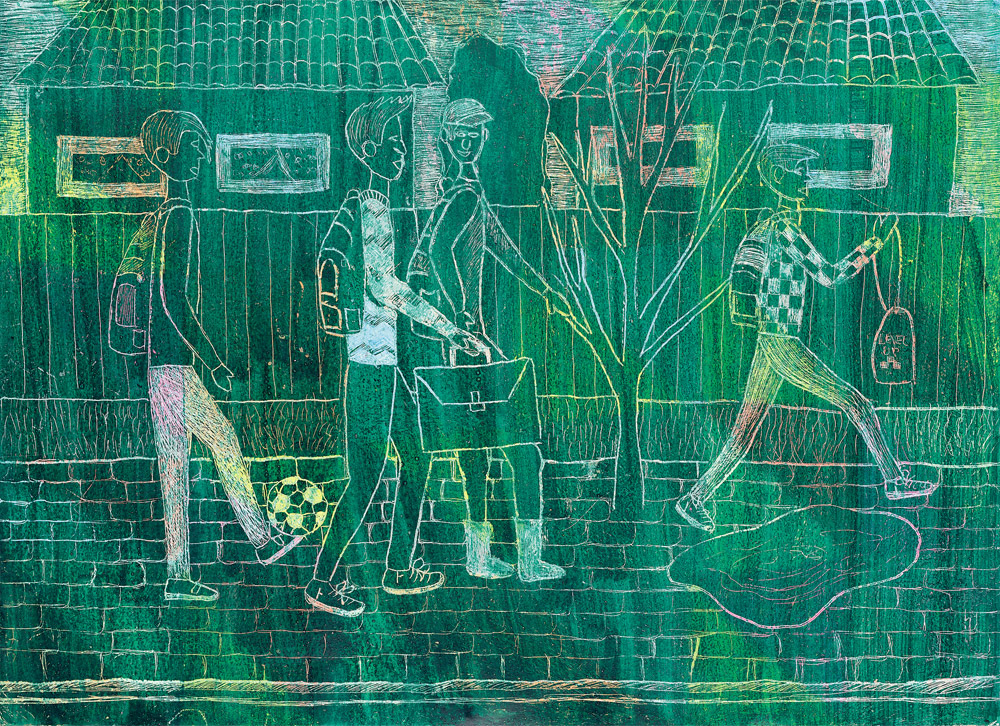 Friends coming from school — artwork by Henrijs Kravals